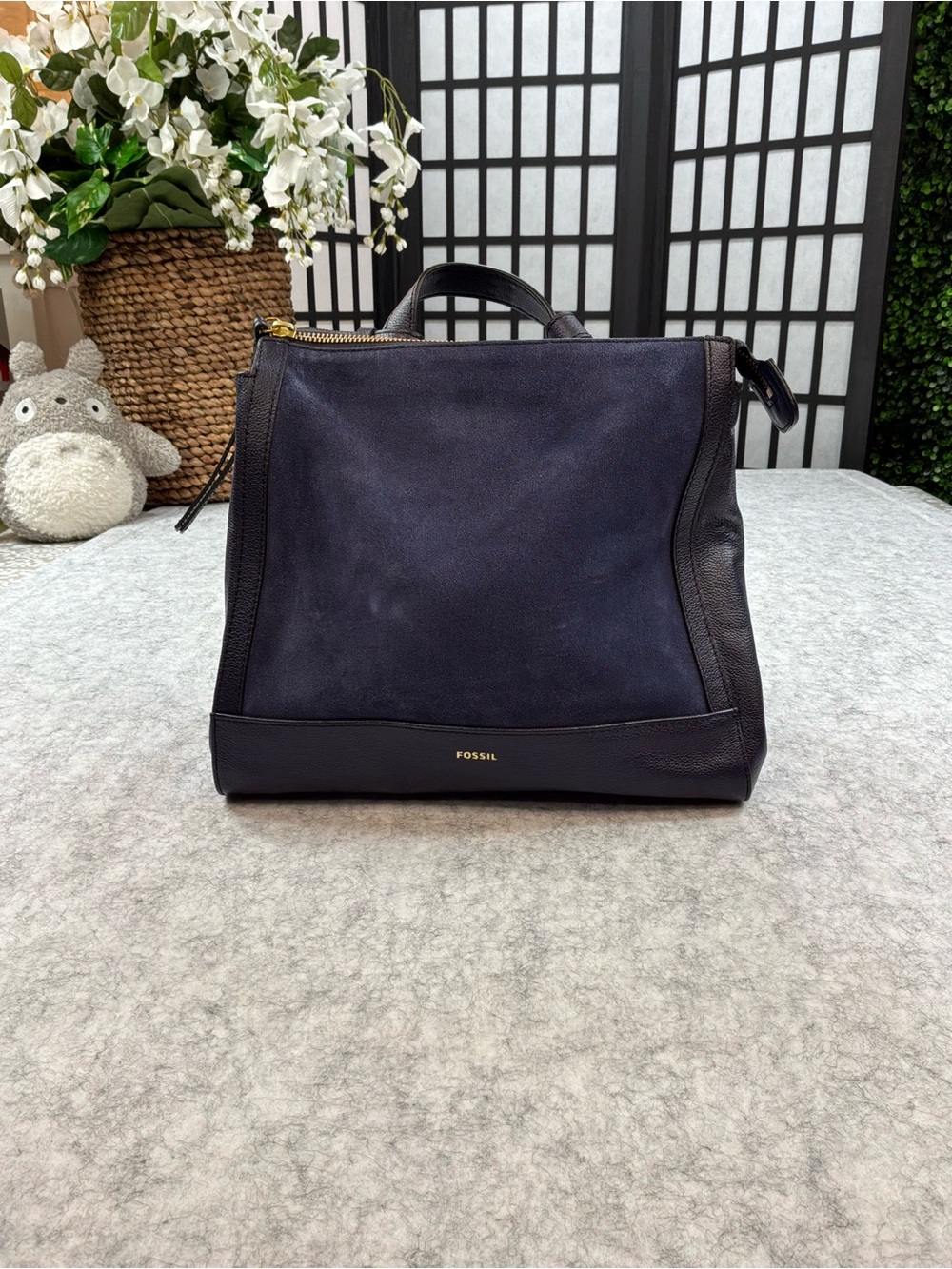 NWOT Fossil Elina Convertible Backpack in Navy Blue Leather and Suede